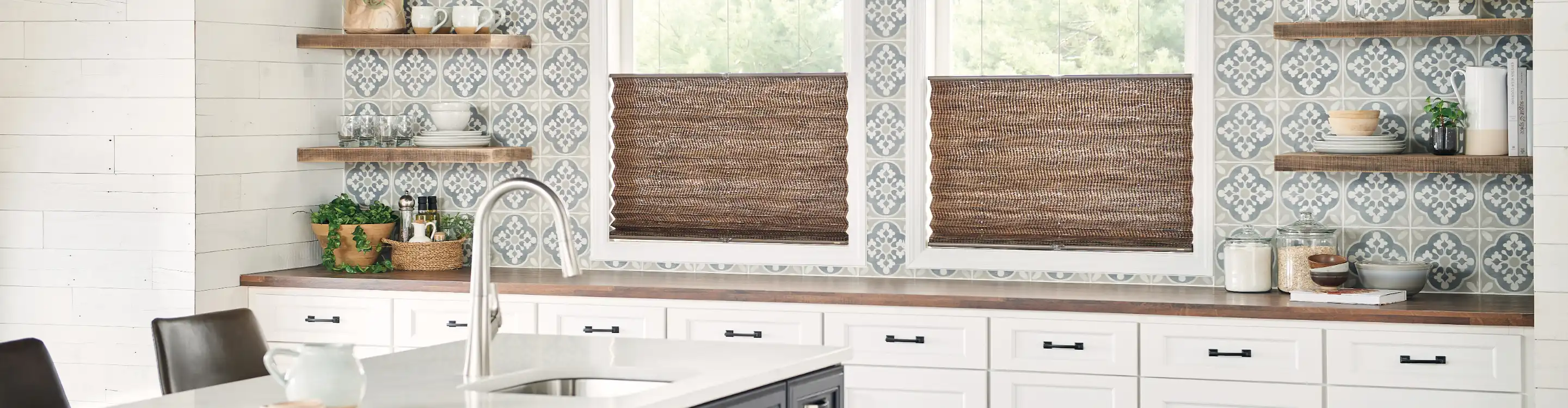 Wooden blinds in a country/modern kitchen. 